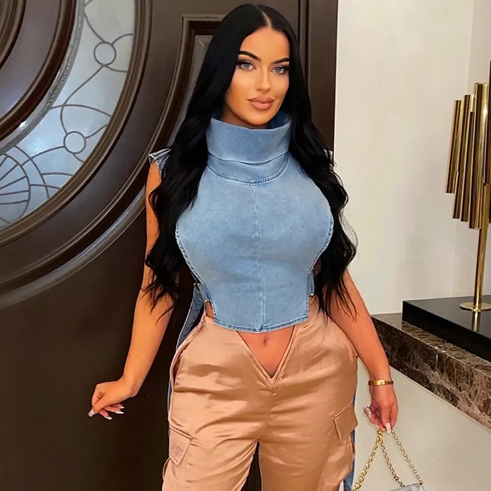 Women Denim Sleeveless Turtleneck Crop Top Back Cutout Asymmetric Hem Slim Fit Streetwear Casual Vest Tank Tops