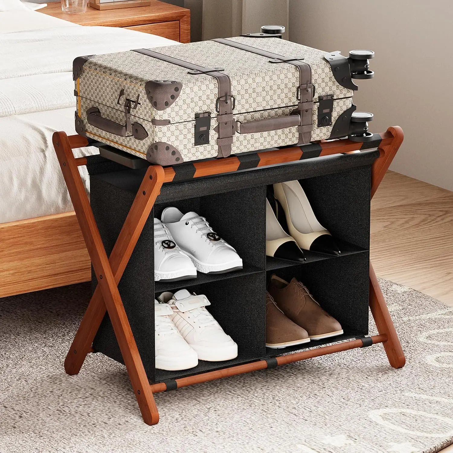 Luggage Rack for Guest Room, Folding Suitcase Stand with Fabric Storage Shelf, Upgraded  Luggage Holder, Steel Foldable Luggage Stand for Guest Room, Bedroom, Hotel, Walnut