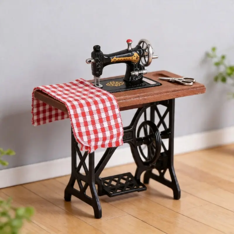 1:12 Dollhouse Mini Vintage Sewing Machine Model with Plaid Fabric Retro Accessory Dollhouse Decor Christmas Easter New Year Gift