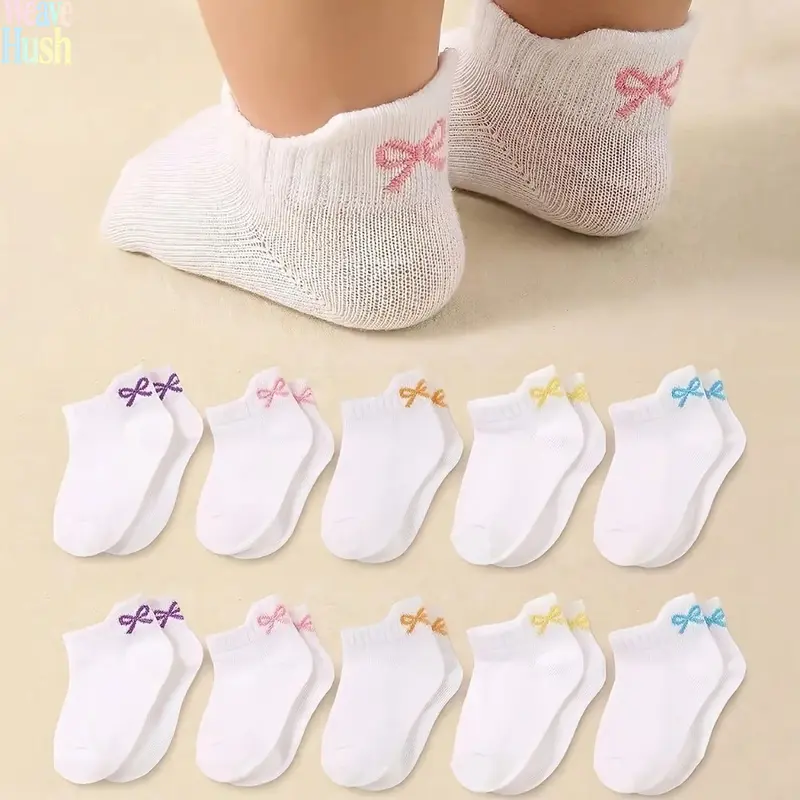 Baby Girls' 10-Pair Polyester Ankle-Length Low-Cut Socks Set - Summer Breathable Thin Mesh Socks with Cute Mini Colorful Bowknots for Infant Toddlers Daily Wear