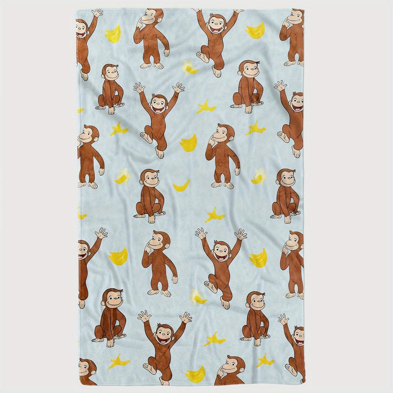 Soft Flannel Throw Blanket - Curious George Monkey & Banana Pattern - Cozy, Warm Light Blue Cartoon Design for Sofa, Bed, or Office - Perfect Gift for Friends & Family, Cute Throw Blanket-280GSM
