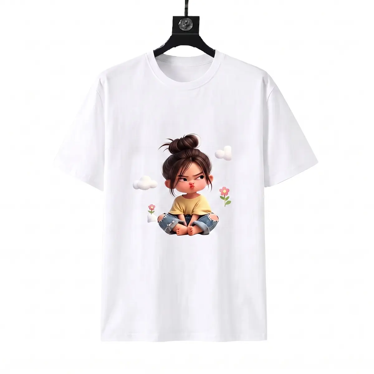 Women's Cloud Girl Cute Cartoon Print Round Neck Short-Sleeve T-Shirt, Soft Loose-Fit Casual Clothes, Atmospheric Gentle-Style Sports Top, Shortsleeve, Tshirt