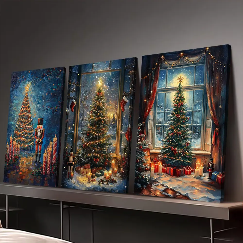 3 Piece Christmas Wooden Frame Set, christmas nutcracker christmas tree window snowy scene framed canvas poster, high definition printed wooden frame artwork, festive holiday wall art, for living room bedroom indoor home decoration