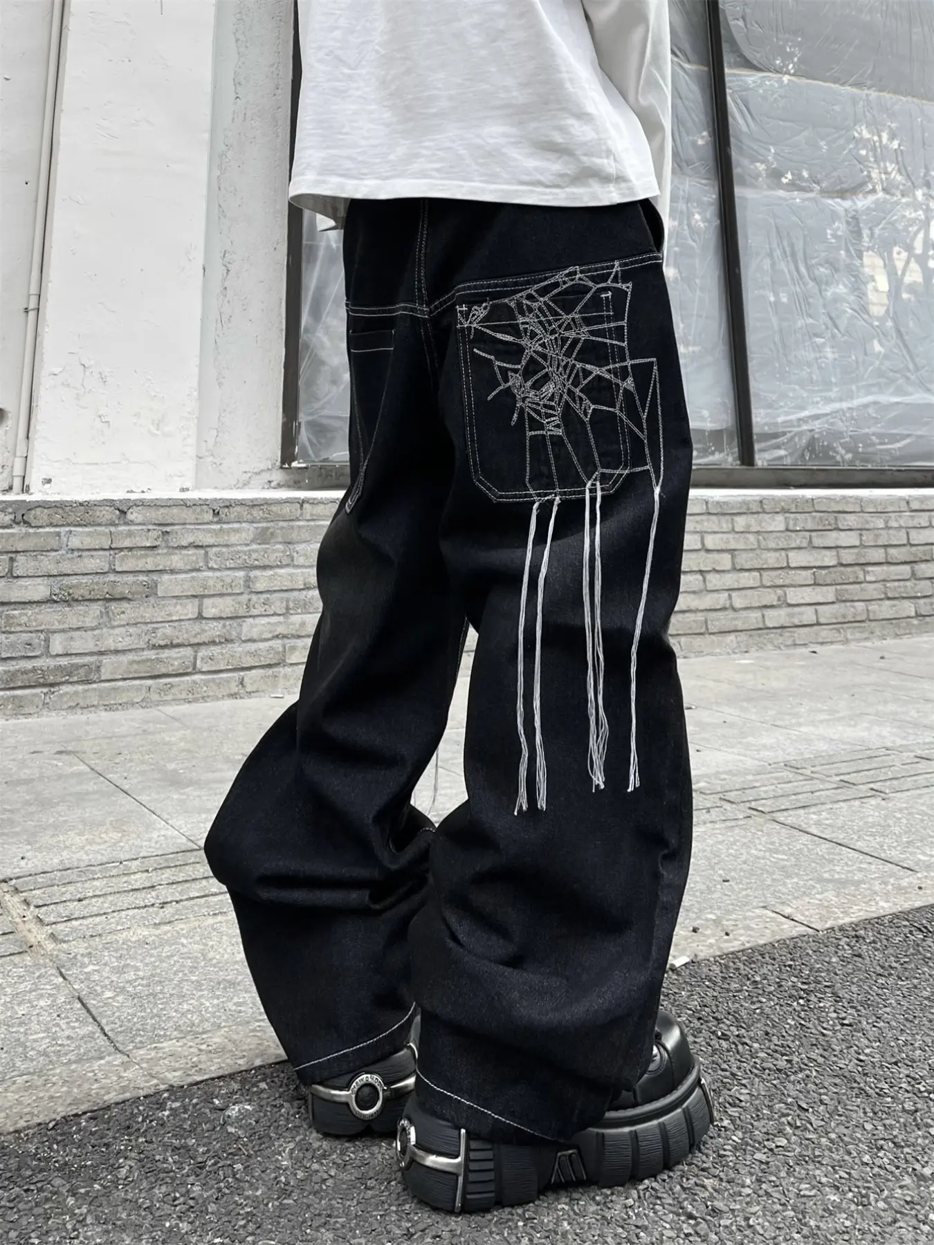 Men's Embroidered Loose Jeans, American Street Style Spider Web Print Wide Leg Pants, Y2K Hip Hop Fashion, Comfortable Fit, All Seasons