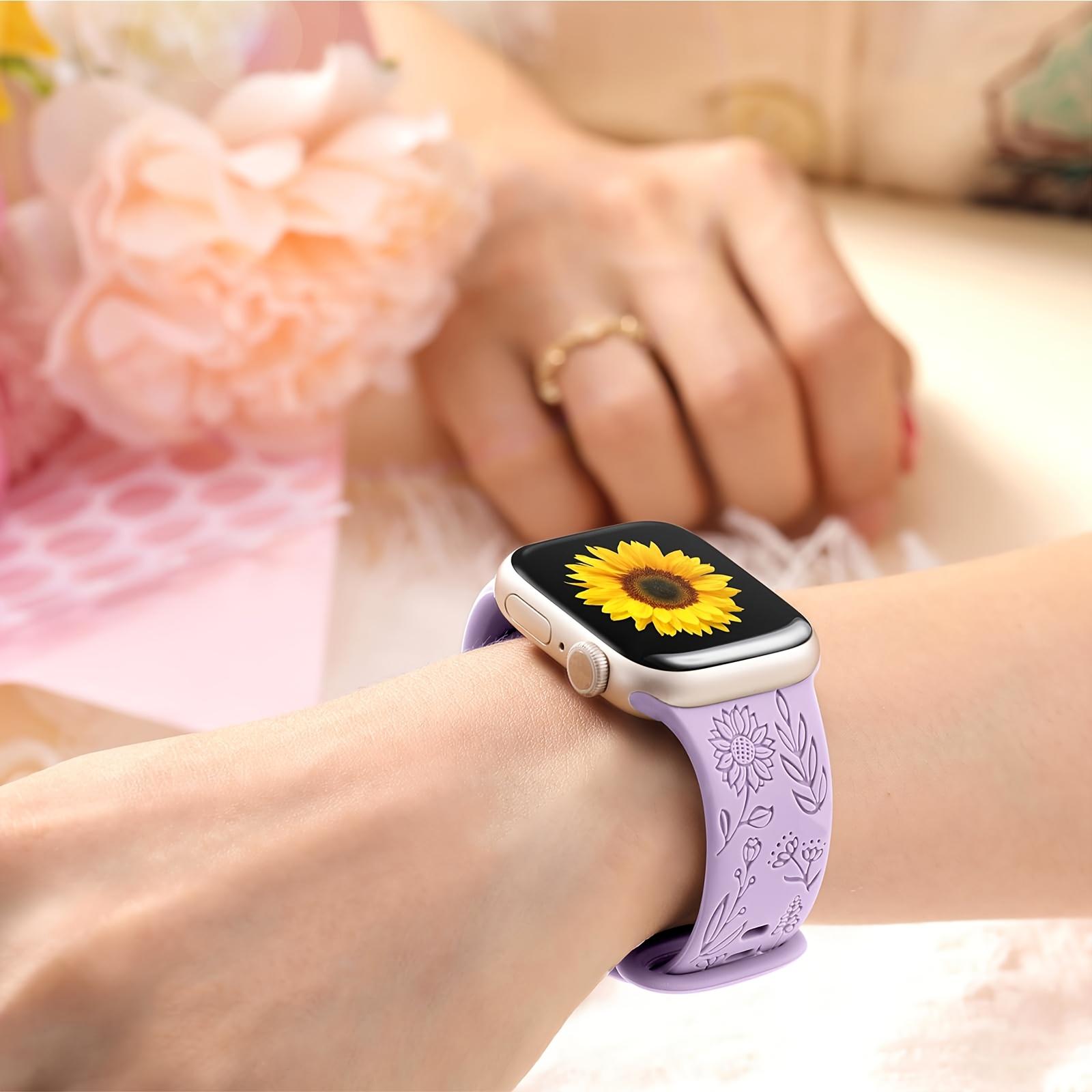 6-Pack Floral Engraved Silicone Apple Watch Bands – Soft Sport Strap 38–49mm (Series 1–11, SE, Ultra / Ultra 2 / Ultra 3), Women