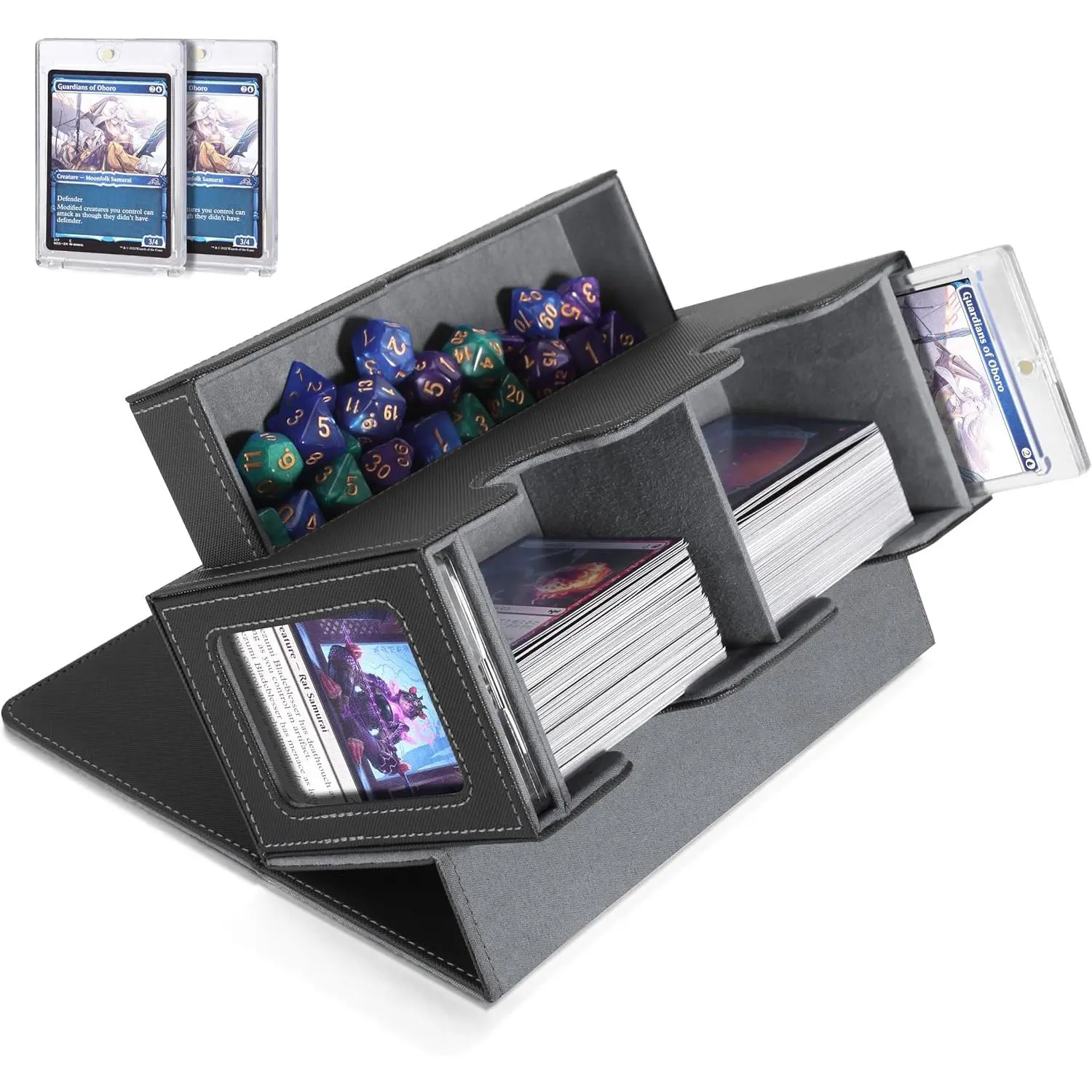 Commander Card Deck Box with Commander Display - Fits 250+ Single Sleeved Cards, Double Card Storage Container with Dice Tray, Magnetic Closure, Suitable for CCG TCG Sports Cards, Black Grey