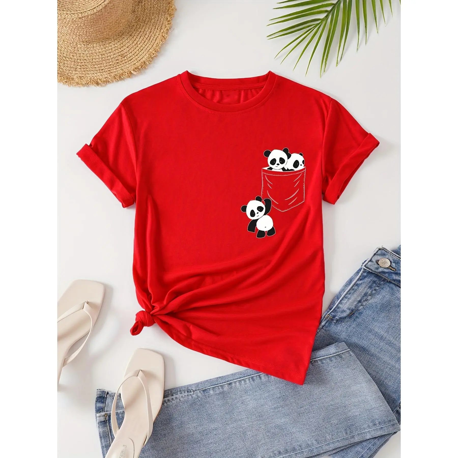 100% Cotton Women Round Neck Short Sleeve T-Shirt, Cute Pocket Three Pandas Chest Print Red Loose Casual Tee, Minimal Lovely Animal Streetwear Soft Breathable Summer Daily Wear Top Gift