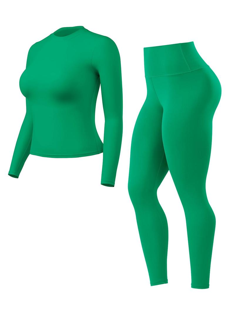 Women's High-Waisted 25'' Inseam Sporty Leggings Set, Long Sleeve Top & Yoga Pants, Elastic Fabric Comfortable Workout Set, Ideal for Gym & Daily Wear, High Stretch Sporty