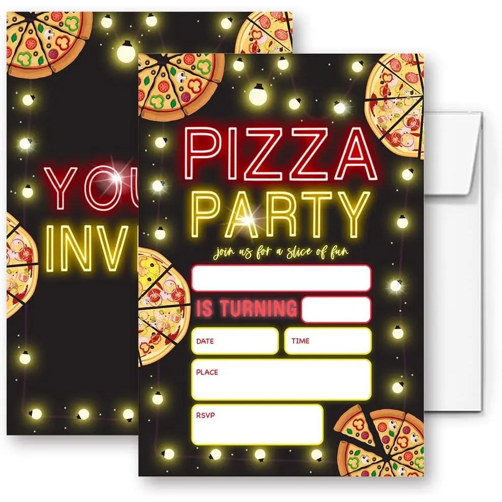 Pizza Birthday Invitation, Glow Birthday Invitations, Pizza Birthday Party Invitations, Glow Neon Party Favors Neon Party Invites Cards. (075)