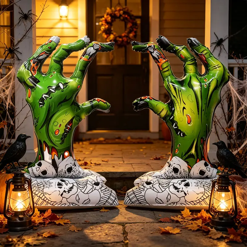 2 Standing Zombie Hand Aluminum Foil Balloons，Perfect for Halloween porch entryway decorations，Halloween Costume Party，Horror themed Activities，Haunted house and immersive theater set design, Halloween-themed horror party