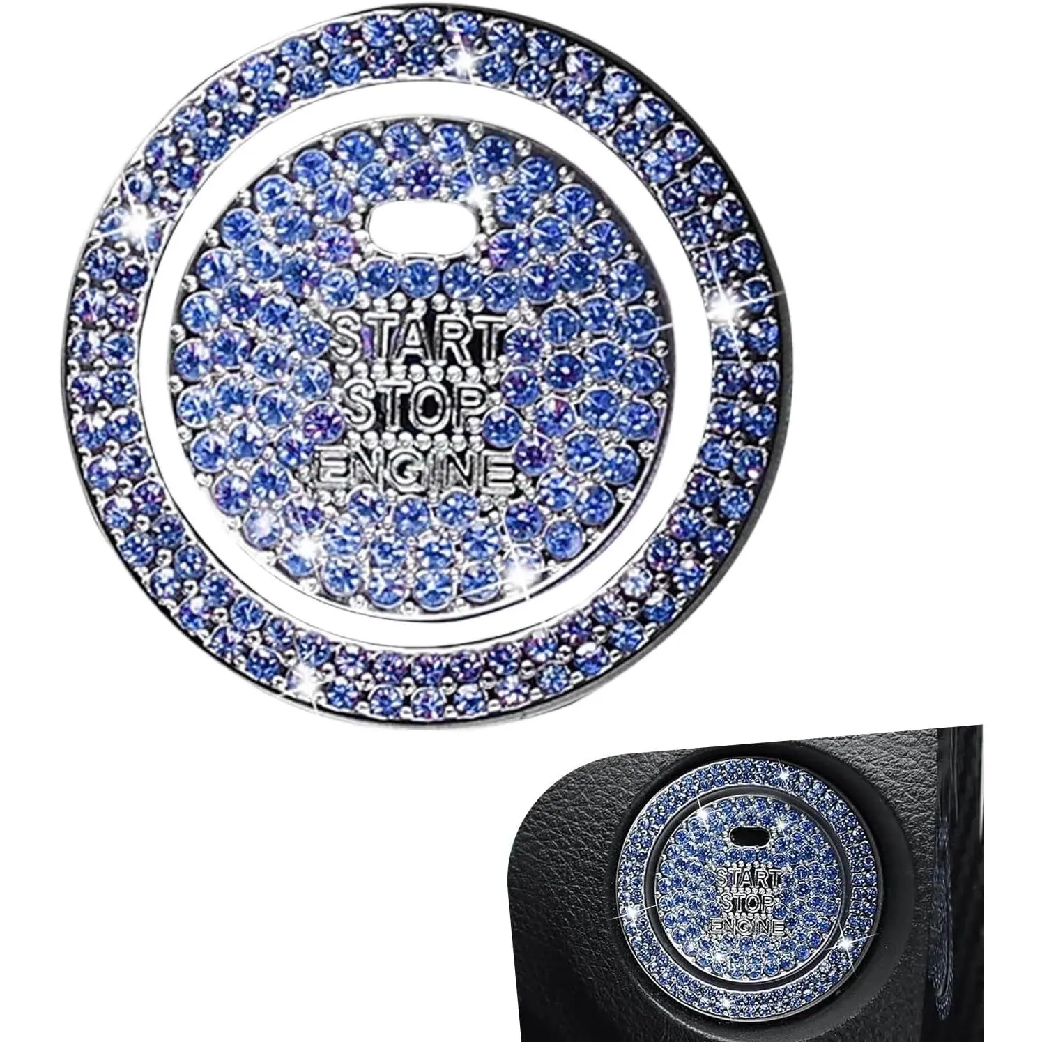 2-Count Sparkling Rhinestone Car Push Start Button Cover & Engine Stop Decor Ring Sticker Set - Modern Protective Inner Diameter Auto Interior Accessory (Blue, Spark Accent)