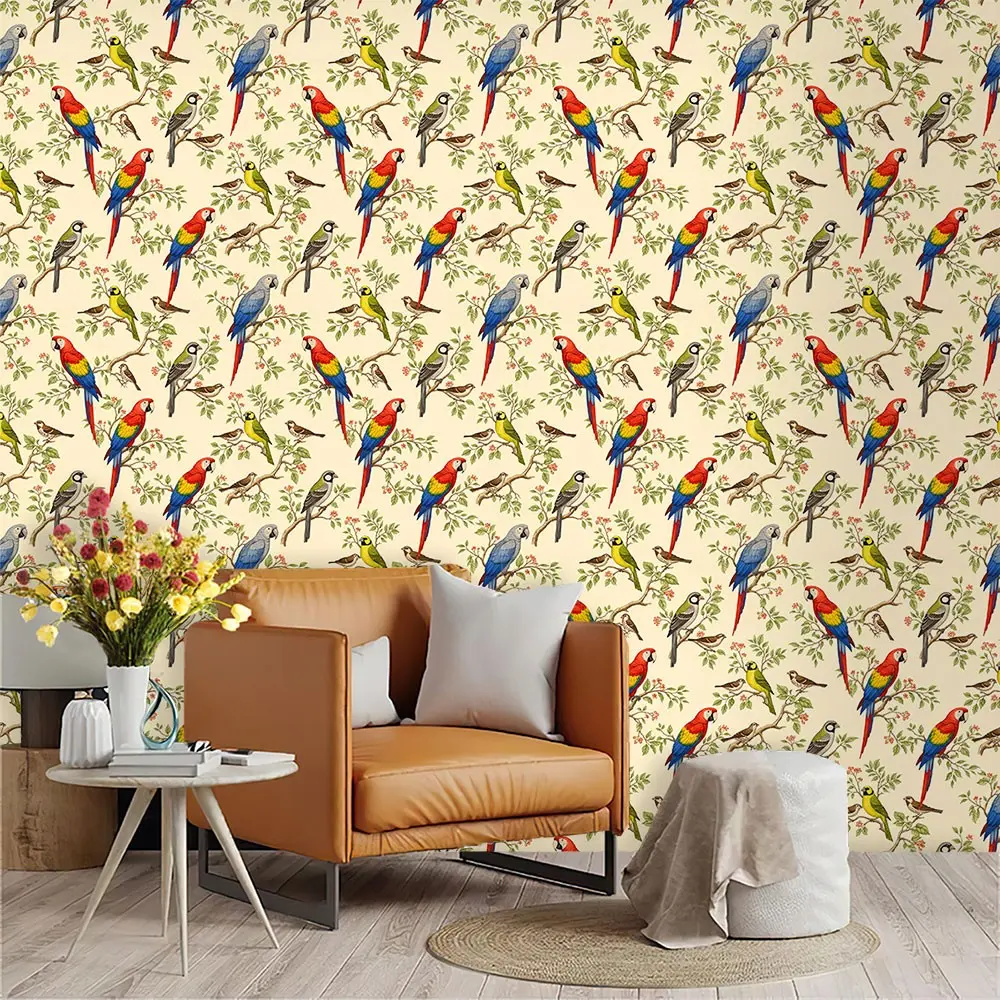 European Vintage Plant Bird Hand-Painted Wallpaper, PVC Material, Peel-And-Stick, Kitchen/living Room/bedroom Decor, Mould-Proof