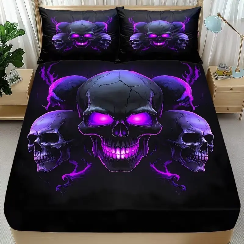 Three-piece cool black skull print bedding set - soft and comfortable with non-slip pillowcase (elasticized border) and double pillowcases, suitable for home, hotel bedroom decoration, ideal Halloween gift choice, Breathable Durable Sheets