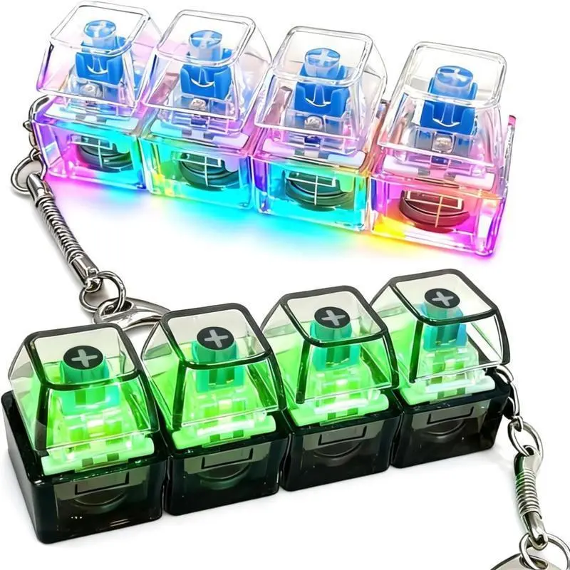 Unisex 2-Pack LED Light Mechanical Keyboard Fidget Keychain with 4 Keys - Ergonomic Stress Relief Gadget, Anxiety Relief Click, Click+LED Feedback, Compact On-the-Go Fidget Toy, Party Bag Gift Home Supply, Four Keys