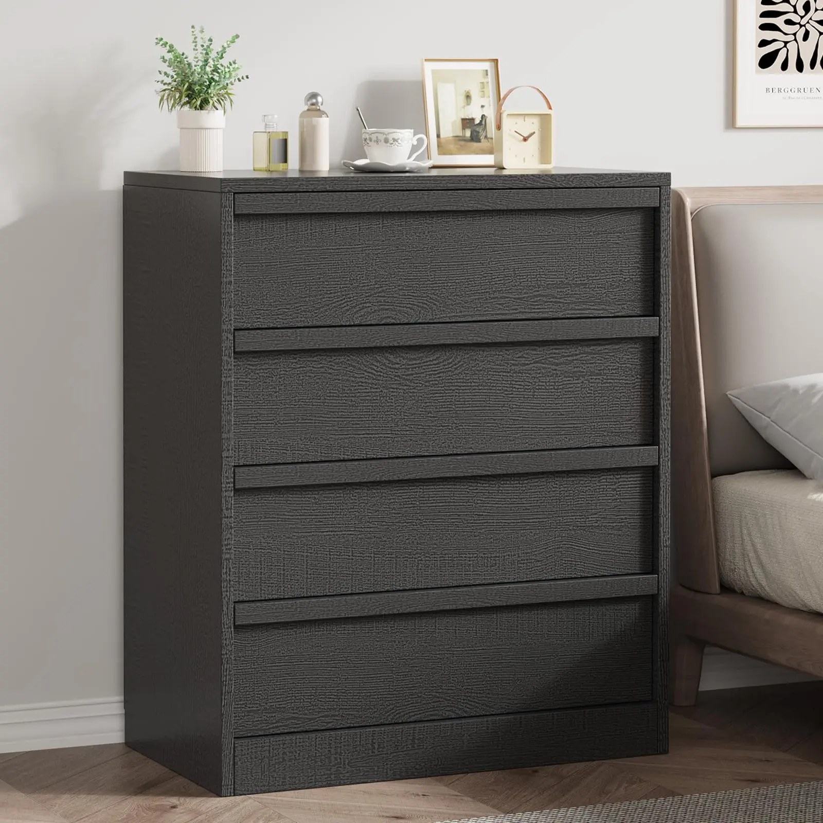 Modern Wooden Dresser Set with Large Storage - 3/4/5 Drawers Tall Chest and Bedside Table Organizer for Bedroom, Living Room, Nursery, Entryway - Black/Walnut