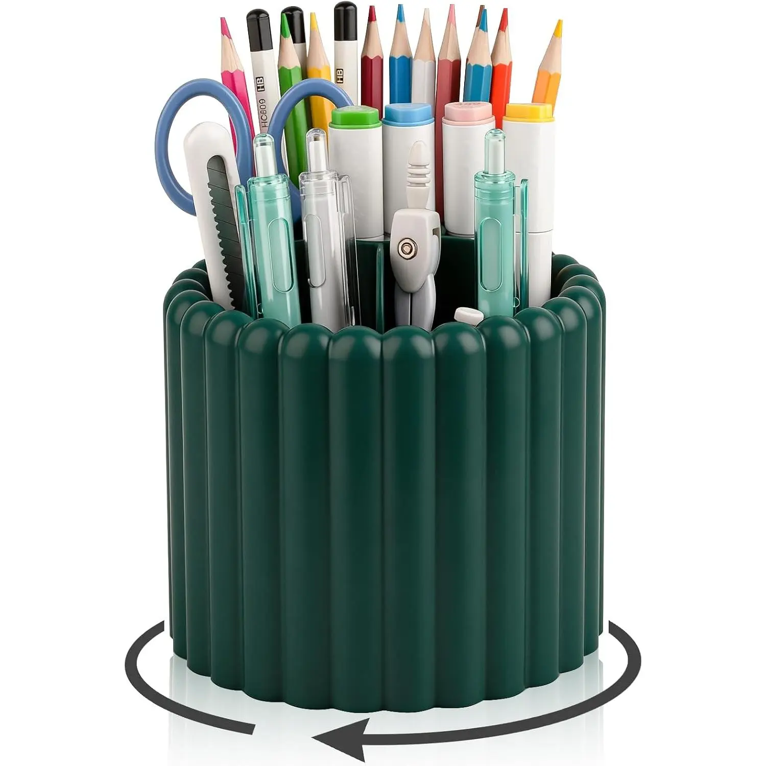 Rotating Pen Holder for Desk Removable Pencil Cup, Small Teal Blue | 7 Slots Pen Cup Cute Office Supplies and Accessories Plastic Desktop Storage Box Art  for School, Work,