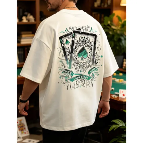 Menswear Casual Vintage Green Spade Ace Poker Card Tee - Floral Scroll Back Print, Retro Casino Ribbon Slogan, Soft Cotton Loose Fit, Short Sleeve, Unisex, All Season, Machine Wash, Print Lasting Streetwear Top, Ace Cards, Relaxed