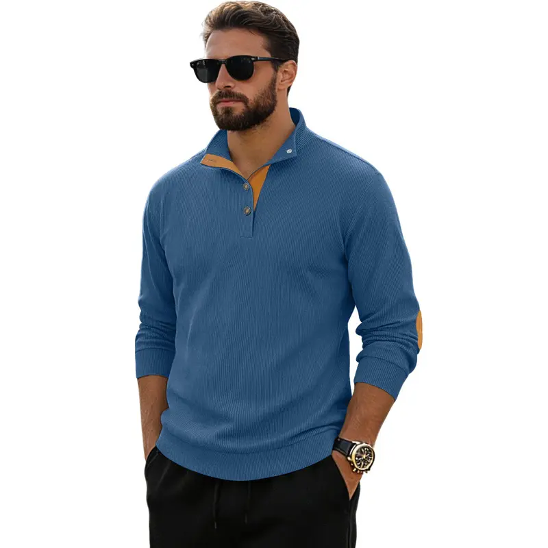 Men's Heavyweight Corduroy Color Block Henley Shirt - Polyester Clothes, Button Front, Long Sleeves, Solid Colors, Plus Size Sports Casual Top
