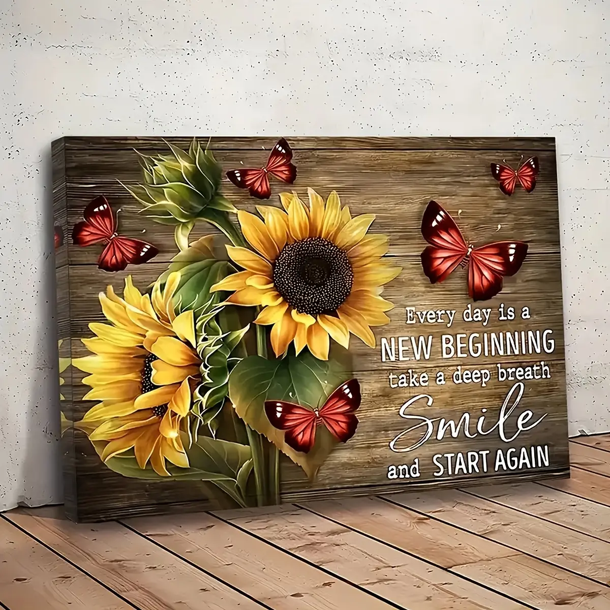 2D Flat Traditional Rustic Sunflower Butterfly Canvas Painting, Vintage Wall Art, Motivational Quote Every Day Is A NEW BEGINNING - Take A Deep Breath Smile - START AGAIN, Inspirational Home Decor, Living Room, Bedroom Decoration