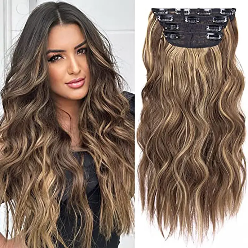 4 Pcs Set Water Wave Clip In Hair Extensions, Natural Wavy Seamless Clip On Synthetic Hair Wefts, Multi Width Full Head Hair Pieces for Women Adding Hair Volume & Length, 4 Colors Available