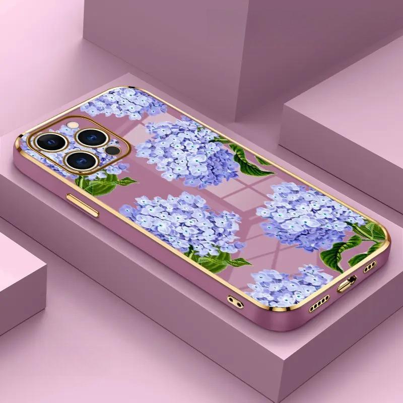 Electroplated TPU Phone Case Lavender Hydrangea Grace Pattern Classic Straight Design Scratch Resistant Softcase for iPhone 17 15 Pro Max 16 14 Plus 13 12 11