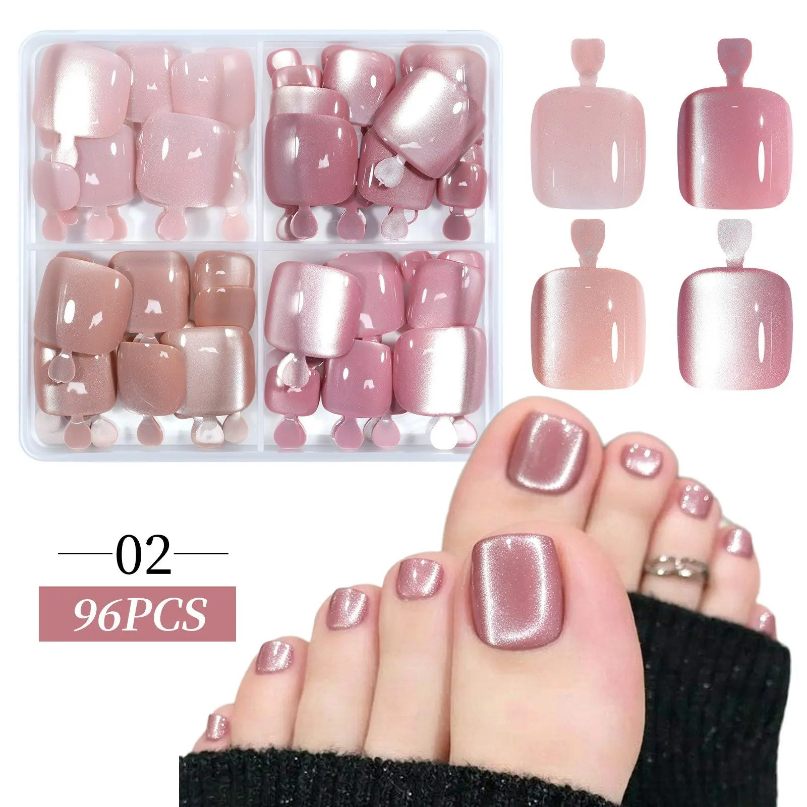 96pcs/1box 4color Cat Eye Press-On Nails, French Toe Nails, Glitter Nail Art Kit, Four Color False Toe Nails, Manicure & Pedicure Tools
