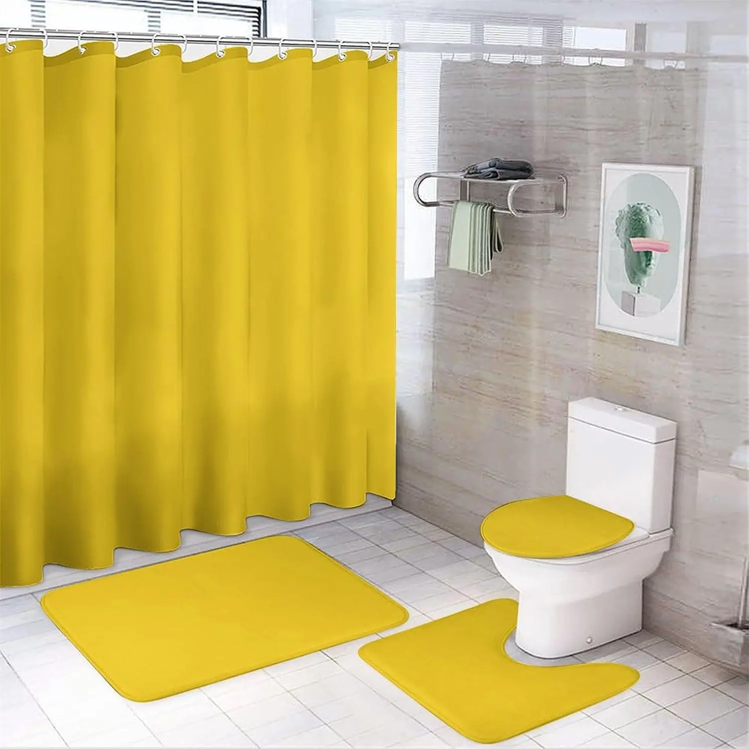 4 Pieces Modern Yellow Summer Shower Curtain Complete Bathroom Set - Includes Non-Slip Bath Rug, U Shaped Contour Rug & Toilet Lid Cover