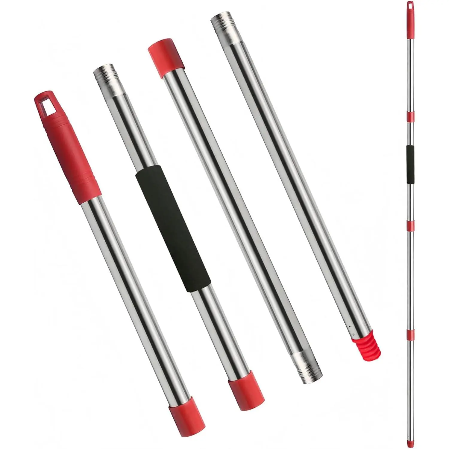 Mop Handle Replacement - 4-Section Adjustable from 30" to 58" - Durable Stainless Steel Mop Pole with American Thread Joint for Spin Mops & Brooms (Red)