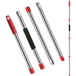 Mop Handle Replacement - 4-Section Adjustable from 30" to 58" - Durable Stainless Steel Mop Pole with American Thread Joint for Spin Mops & Brooms (Red)