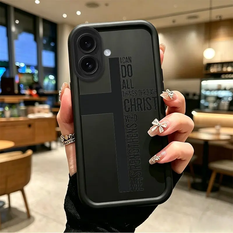 iPhone 17 Silicone Casing, Durable Protective Full Cover with Enhanced Shockproof TPU, Polycarbonate Celestial Eye Layered Design, Black Cross "Christ Strengthens Me" Mobile Phone Accessory