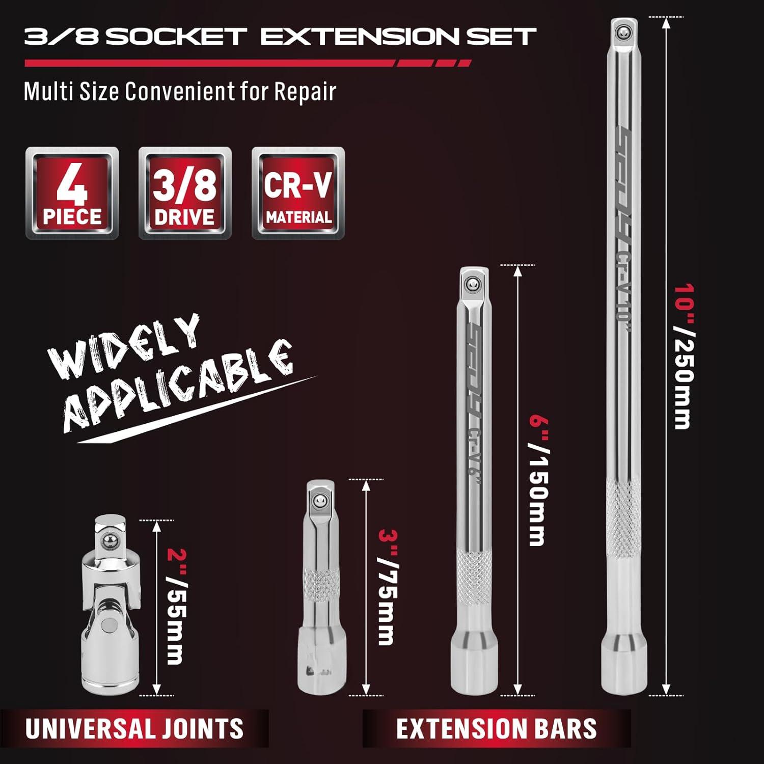 4- 3/8" Drive Socket Extension Bar Set, Professional Socket Extension Set Include 3, 6, and 10 Inch Extensions and 3/8 Inch drive Universal Joint Sockets, Premium Cr-V Steel ConstructionQuesear