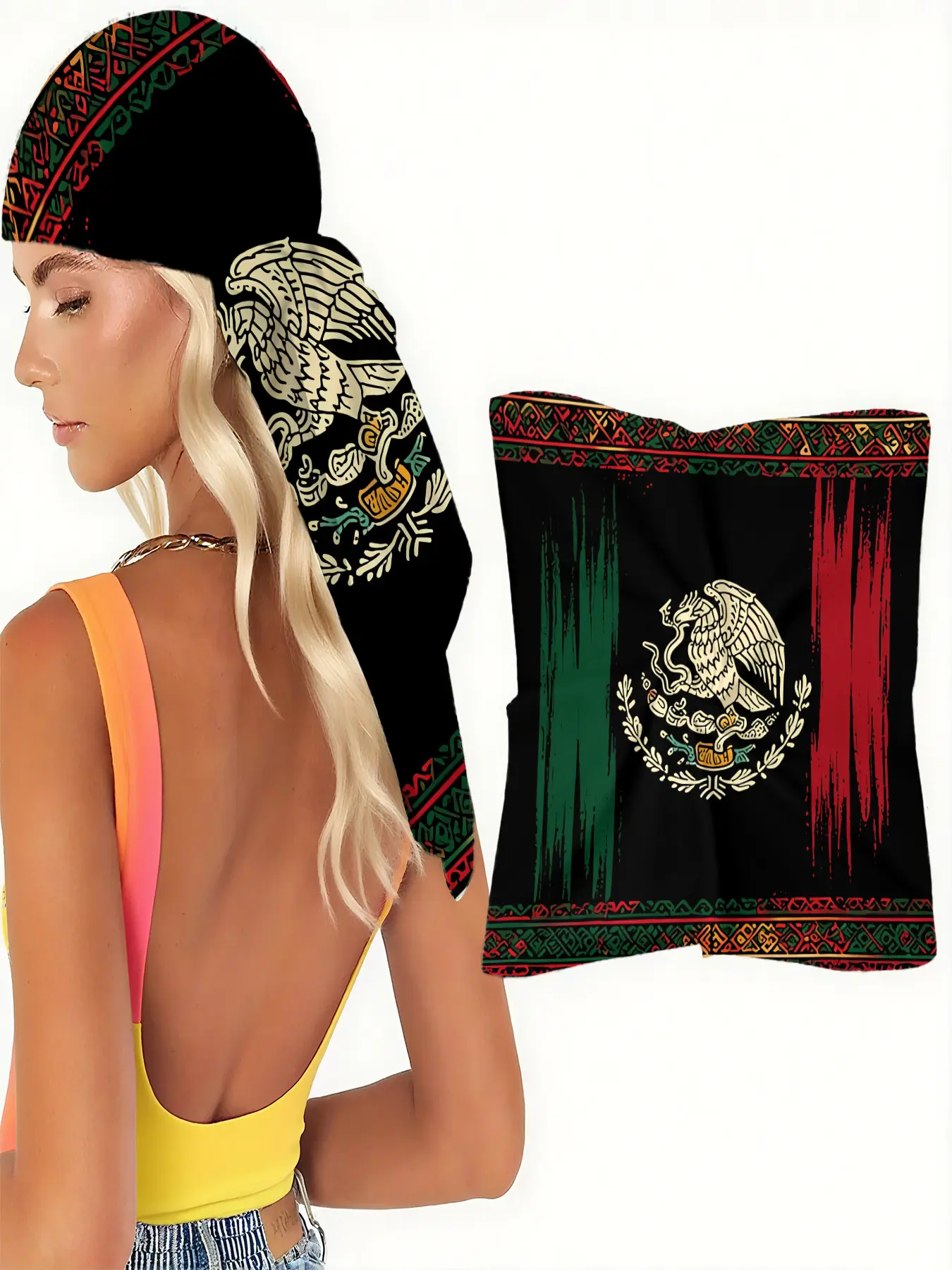 [Mexico Culture] Scarf Shawl Wrap with Vintage Brushstroke Flag, National Emblem & Folkloric Border – Ideal for Mexican Heritage Celebrations, Cinco de Mayo Festivities, Latin Music Festivals, Resort Wear, Cultural Tourism Events and Summer Scarf