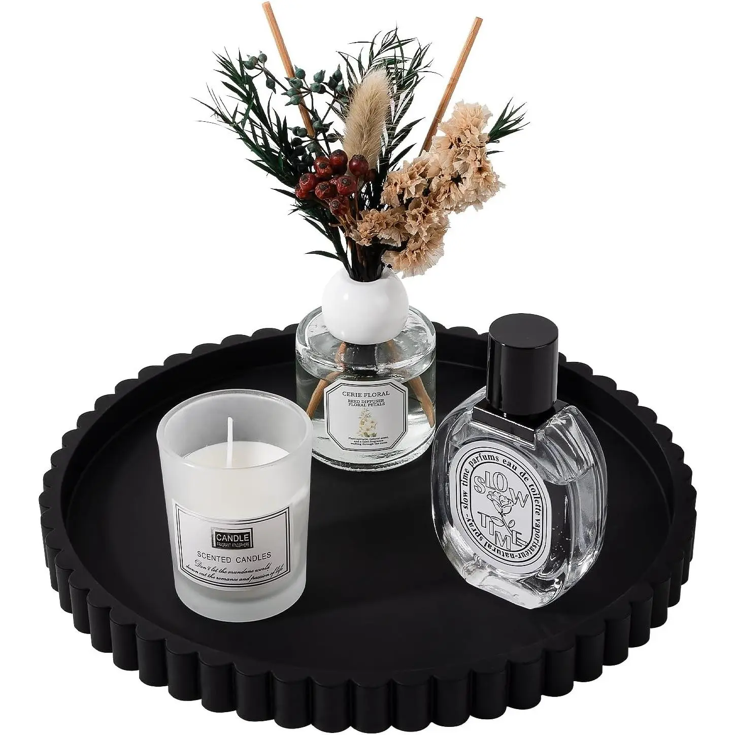 Round Bathroom Tray Silicone Kitchen Counter Decor Vanity Organizer Decorative Coffee Table Tray for Perfume, Candle, Soap Dish, 9 Inch, Black