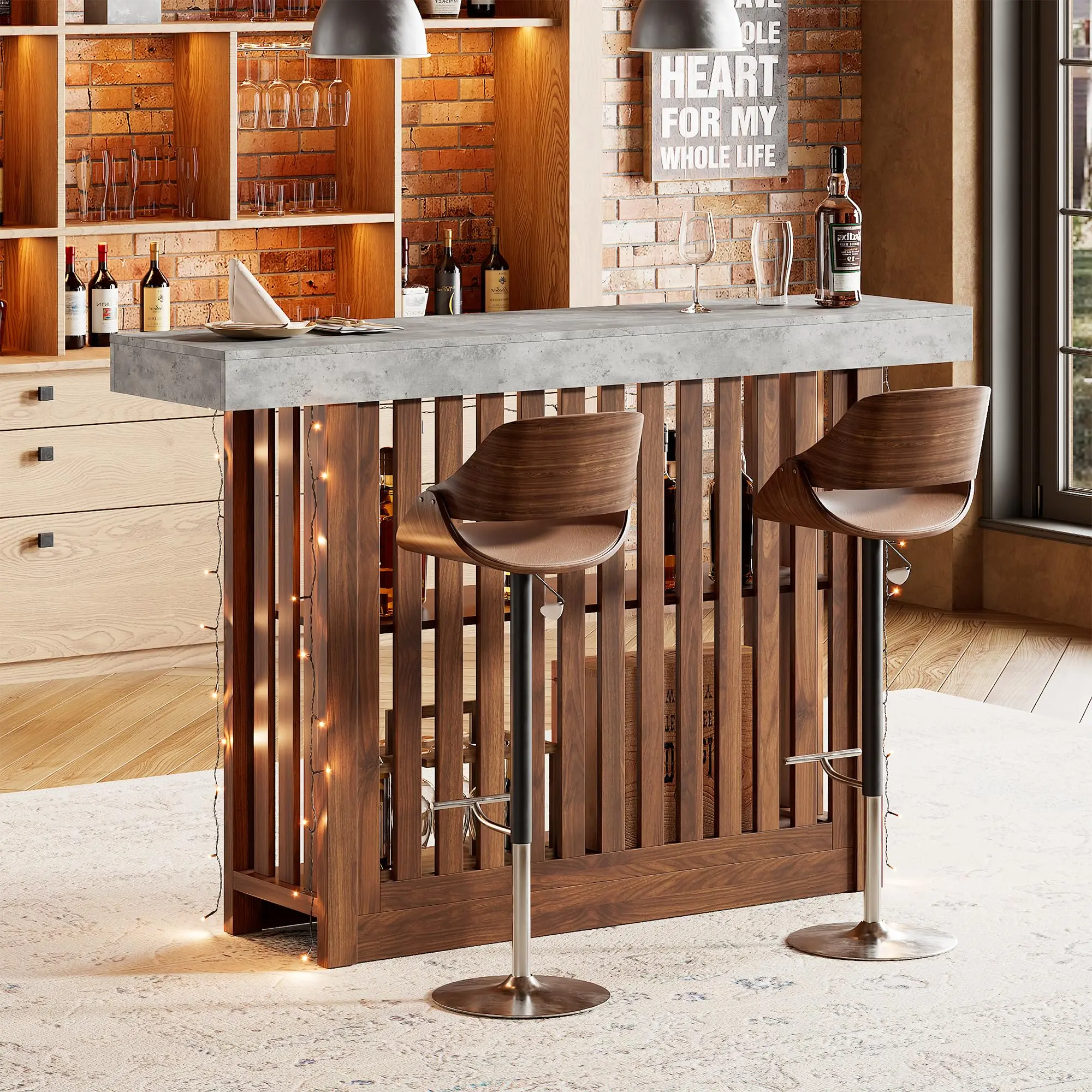 Modern 63" Counter Height Bar Table with 2-Tier Storage Shelves – Sturdy Dining Table for Restaurant, Bistro, or Living Room – Seats 4-8, Easy Assembly