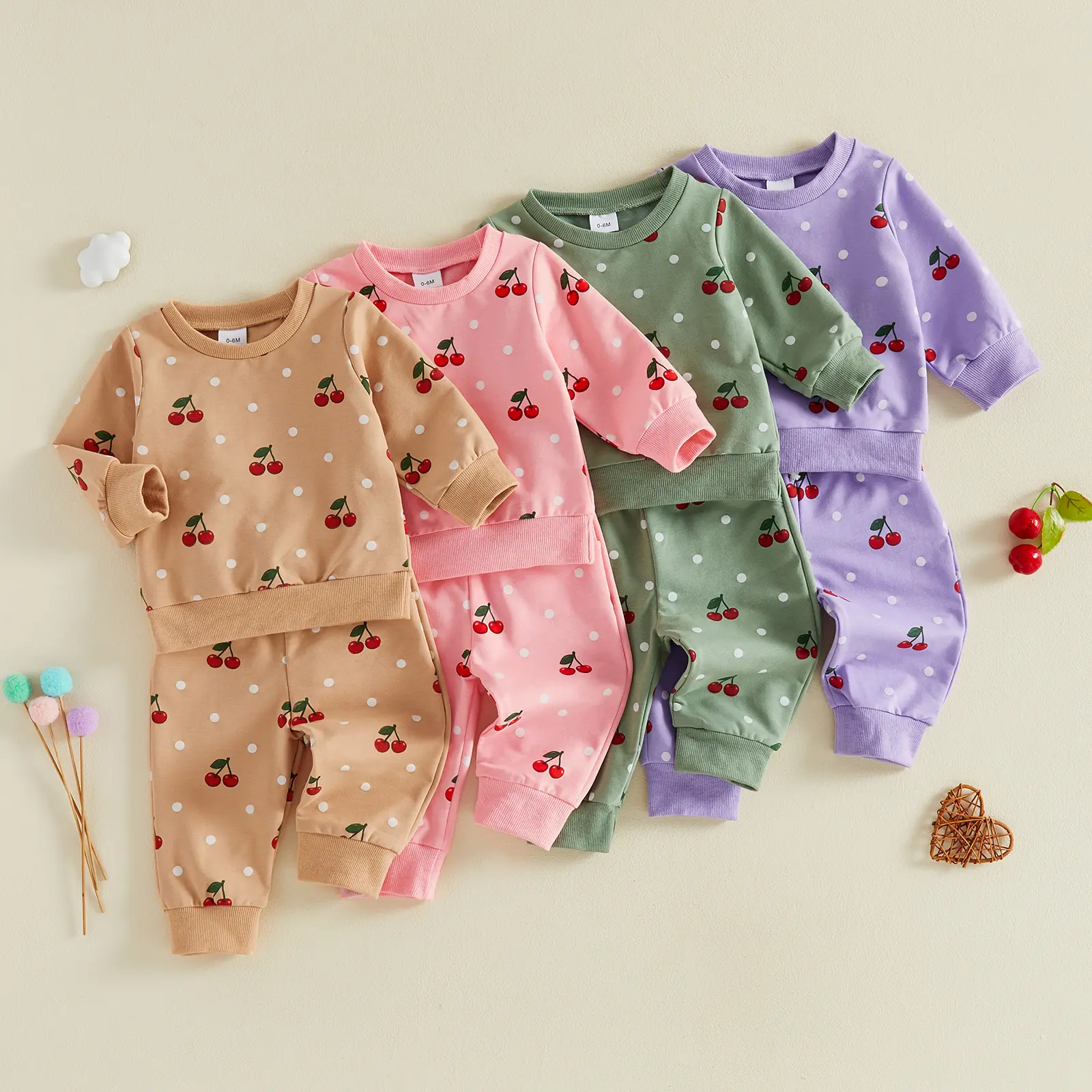 Toddler Baby Little Girl Outfits Cherry Long Sleeve Pullover Elastic Pants Set Fall Winter 0-3 Years