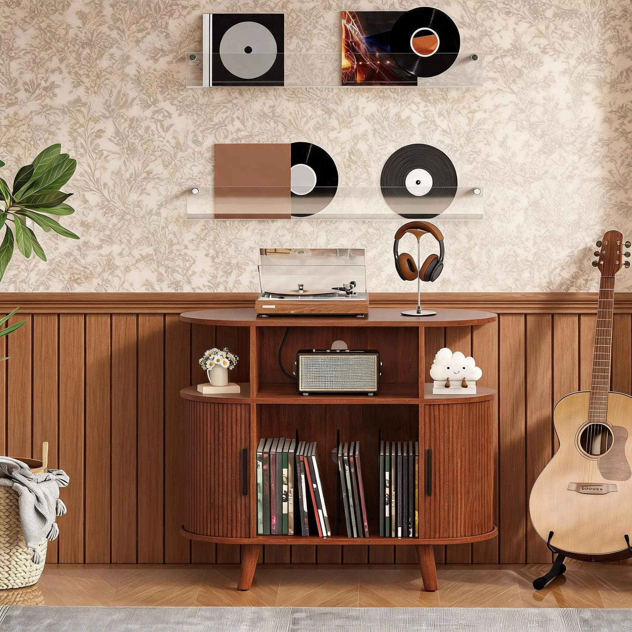 Record Player Stand Vinyl Storage Cabinet 35 Inch Large Fluted Wood Turntable Table with Charging Station for Living Room Home Music Studio