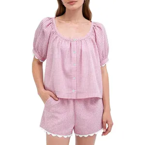Women's 2-Piece Cotton Gingham Pajama Set - Puff Short-Sleeve Scoop Neck, Scalloped Trim Shorts, Nightwear Pyjamas Loungewear