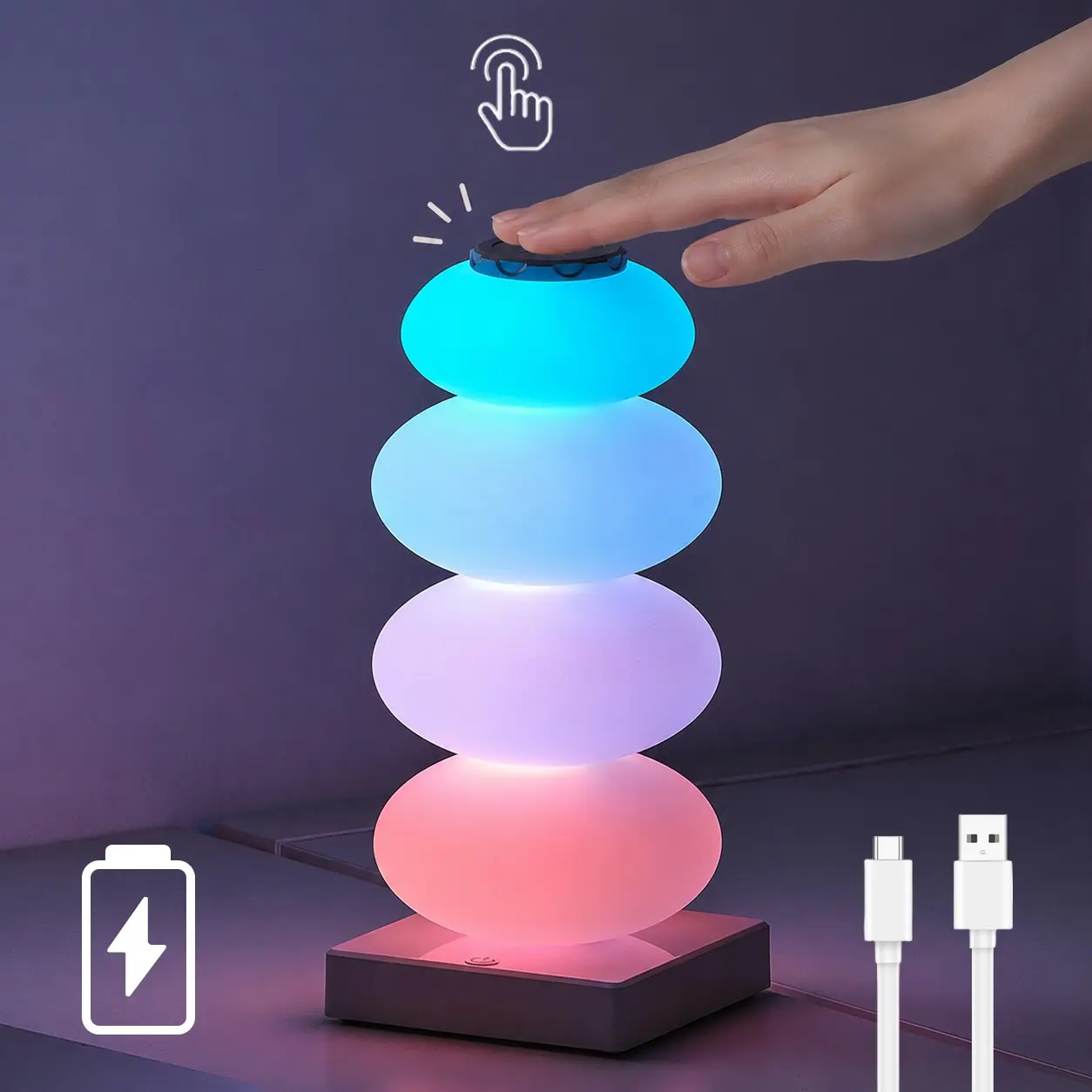RGB Touch Table Lamp, Color Changing Night Light Candy Gourd Design, Rechargeable Bedroom Desk Ambient Light, Small Bedside Lamp for Bedroom Living Room Home Decor, Gifts for Family & Friends