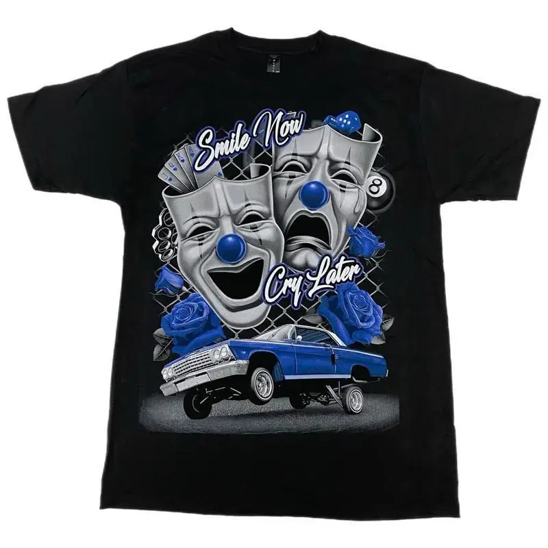 Men's Blue Smile Now Cry Later Low Rider Old School T-Shirt - Washed Cotton, Silk Screen Round Neck, Casual Fashion Shortsleeve Streetwear Sports Top (Fashion Focused) Funny