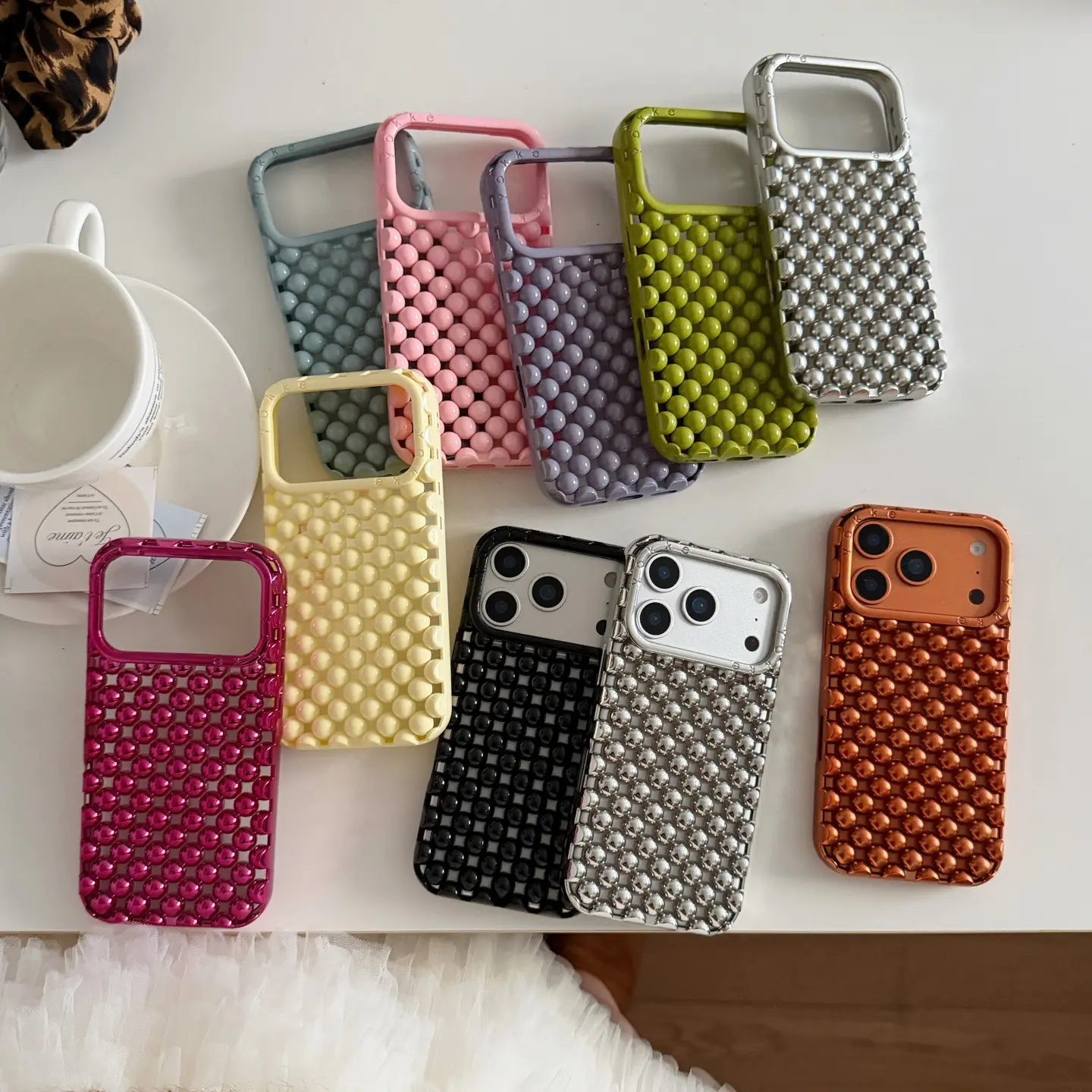 Women's 3D Pearl Electroplated Silver iPhone Case - Minimal Luxury Shockproof Protective Cover Compatible with iPhone 13/14/15/16 Pro Max,Stripe candy color-blocking pc wear-resistant phone fashionable matte pink cellphone