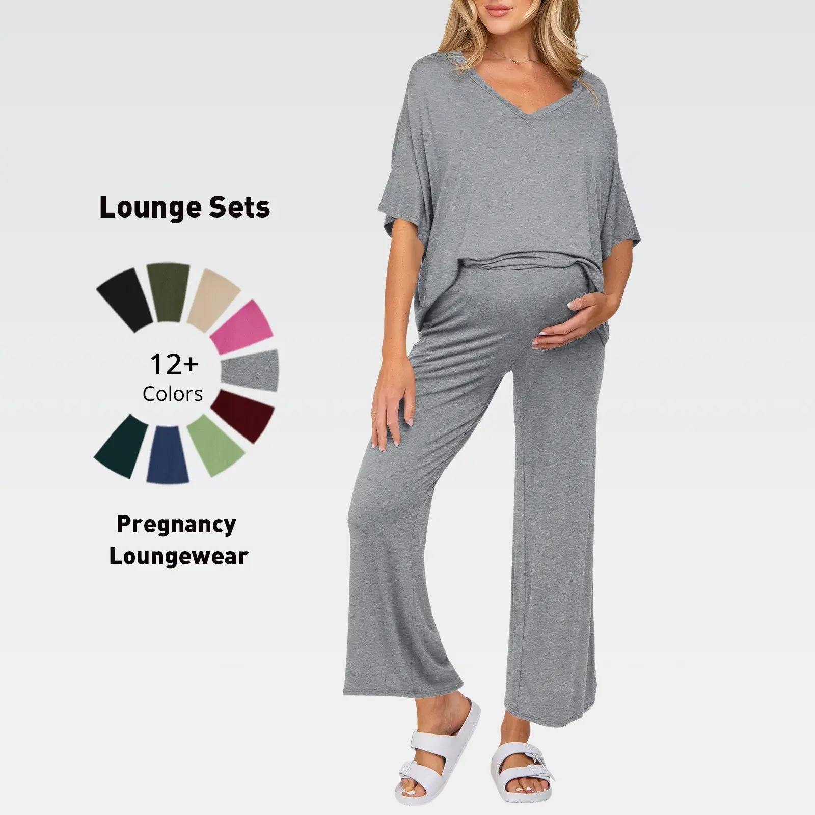 Tankaneo Womens Maternity Pajamas 2 Piece Lounge Set Soft Short Sleeve V Neck T-shirt Cropped Pants Pregnancy Loungewear