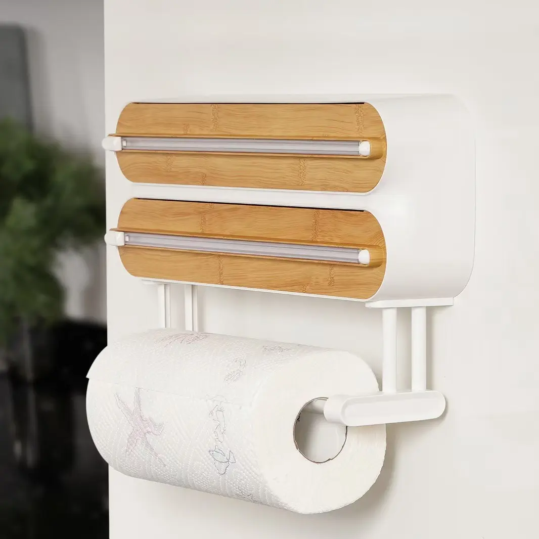 Three-In-One Wall-Mounted Food Wrap Cutter Box, Wooden Kitchen Aluminum Foil Storage Rack, No-Drill Installation, Easy to Use