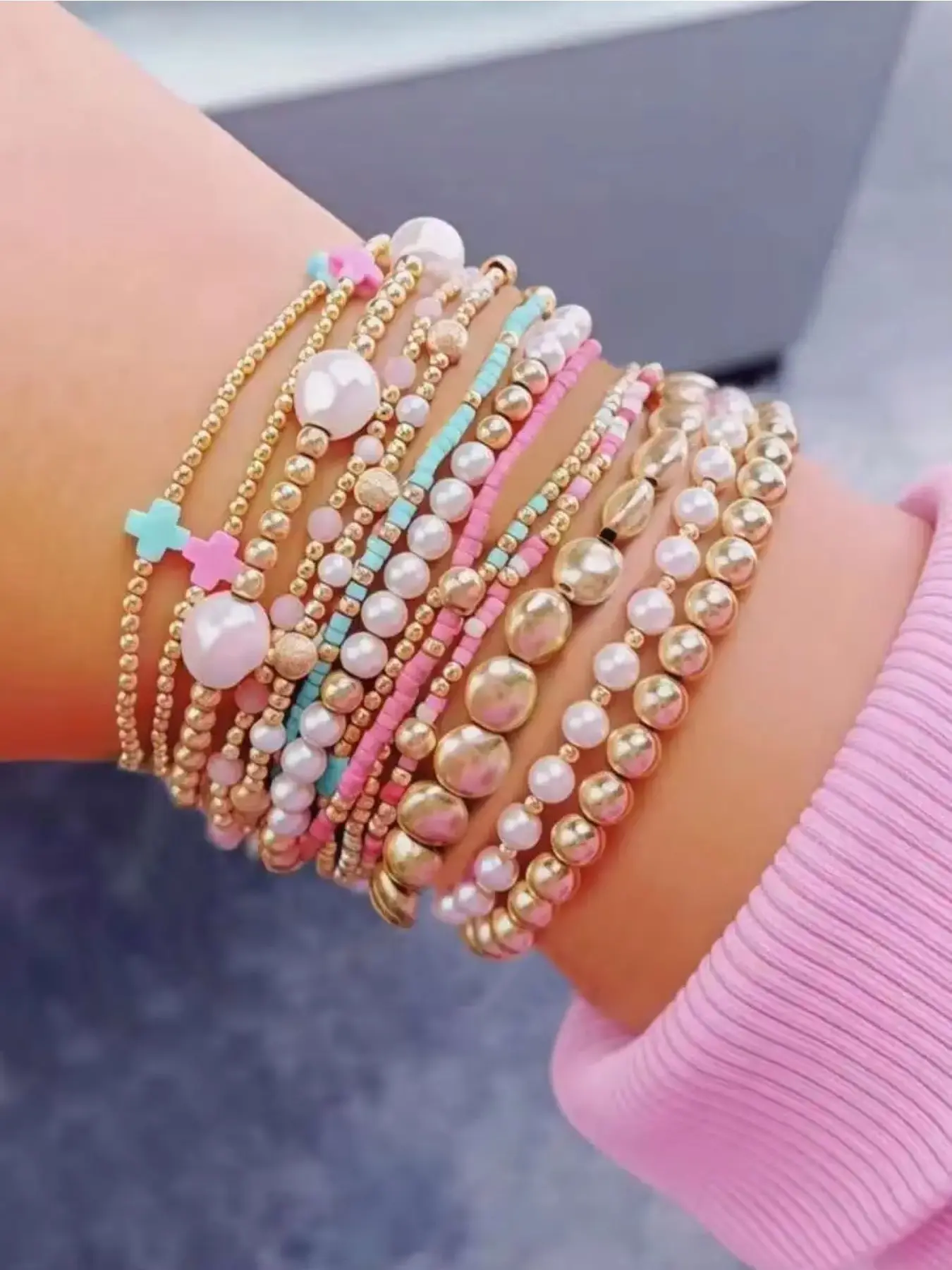 13pcs Womens Cross Charm Bracelet Set Colorful Beads Faux Pearl Multi Layer Elastic Wrap Bracelets