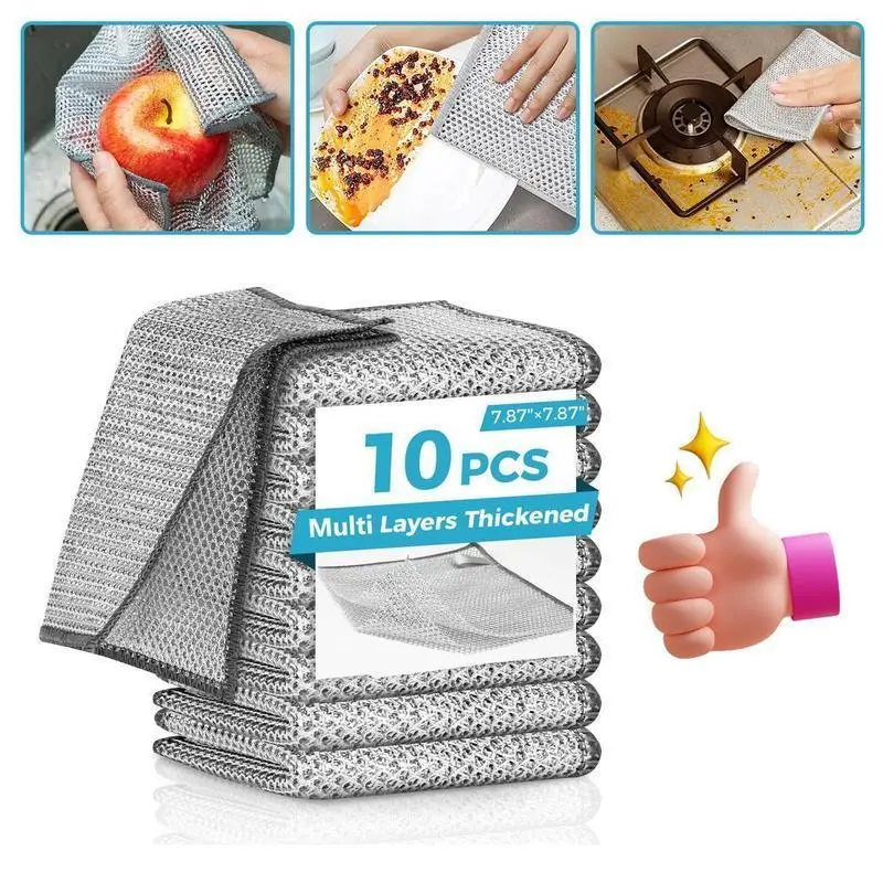 Double Layer Reusable Dish Cloth 20 Counts single layer Dishwashing Rags��Multipurpose Non-Scratch Wire Dishcloths for Wet and Dry Use, Reusable Wire Cleaning Cloths for Kitchen, Sinks, and Pans Silver Removable, Washable & More