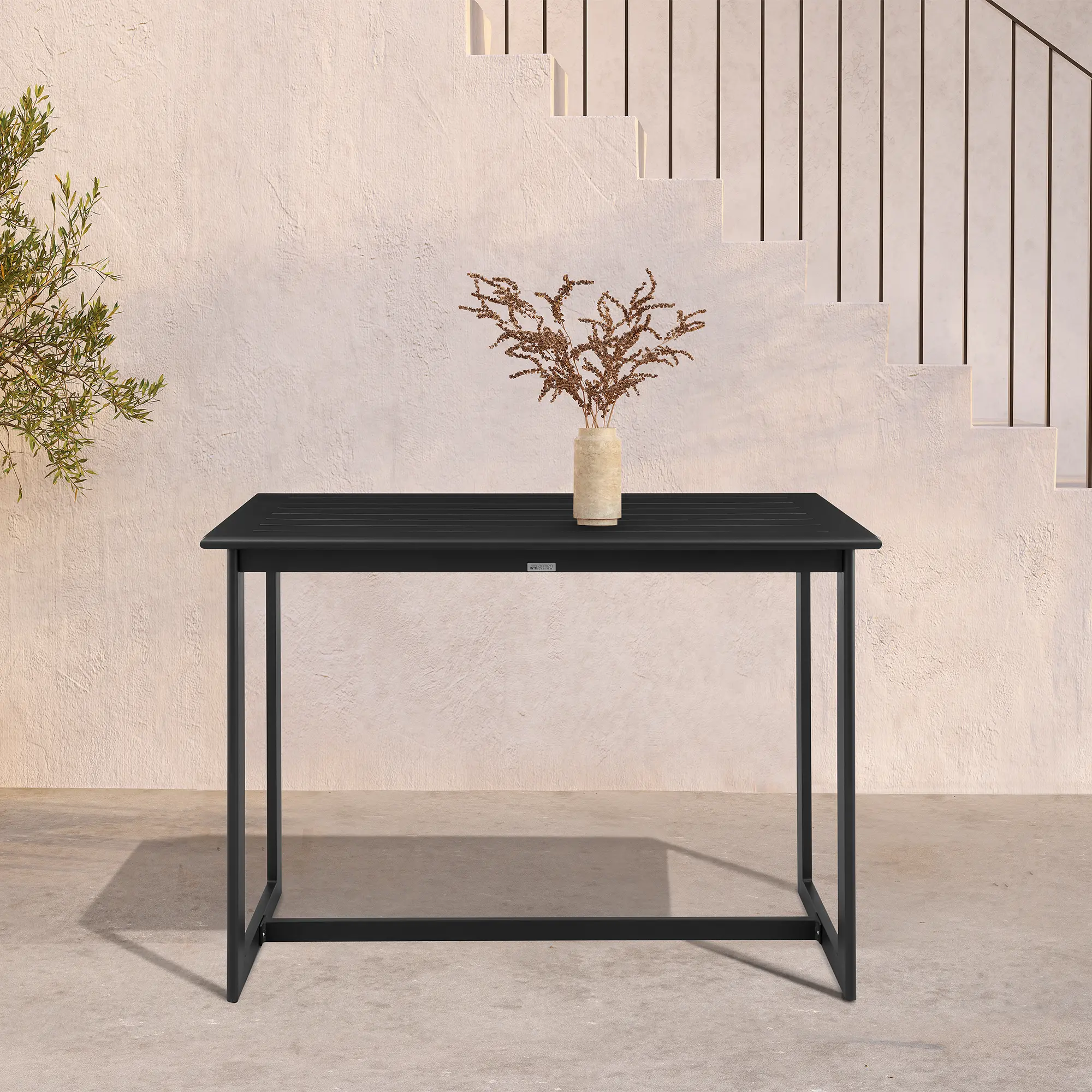 Nokaa Rectangular Outdoor Counter Height Bistro Table - 59"W x 32"D x 36"H Black Aluminum Metal Frame, Weatherproof Slatted Top, Rust-Free, Easy Setup for Garden Deck