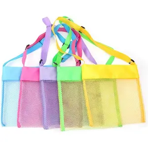 5-PCS Colorful Mesh Beach Bags Sand Away Portable Foldable Sea Shell Bag with Adjustable Carrying Straps/Toy Storage Bag [Yellow, Rose, Purple, Green, Blue] Set of 5 Beach Bags