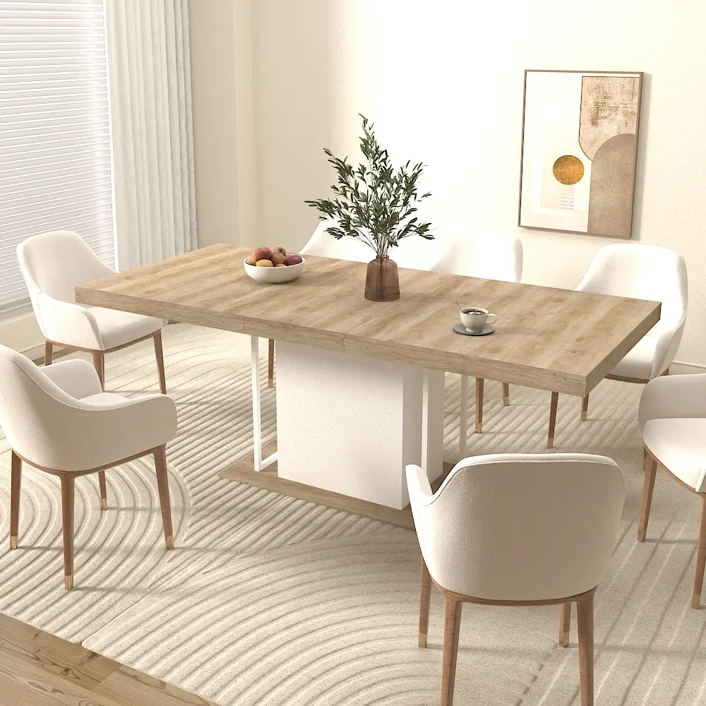 Nokaa Extendable Rectangle Dining Table - Aged Wood Look, 160-200cm, Seats 6-10, White Oak Particle Board, 12cm Thick Edges, Wide Feet Base, Combo Item, 35.43Wx78.74Dx29.53H in