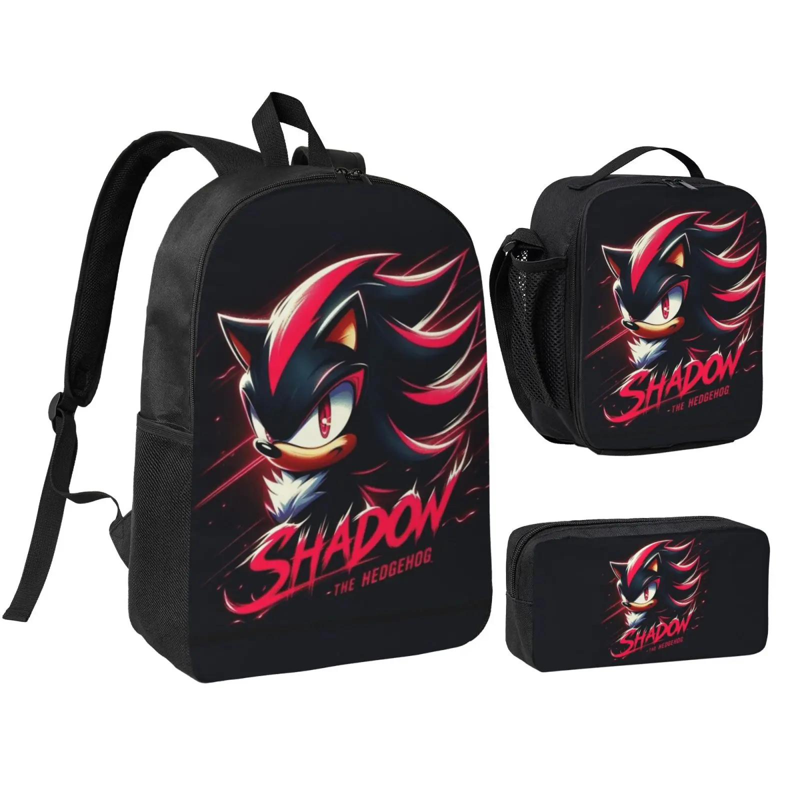 Anime Shadow The Hedgehog2 Kids 3Pcs Multipurpose Teen Backpack Set with Adjustable Shoulder Straps, School Bookbag, Insulated Lunch Box & Pencil Bag for Boys Girls Daily School Travel Office