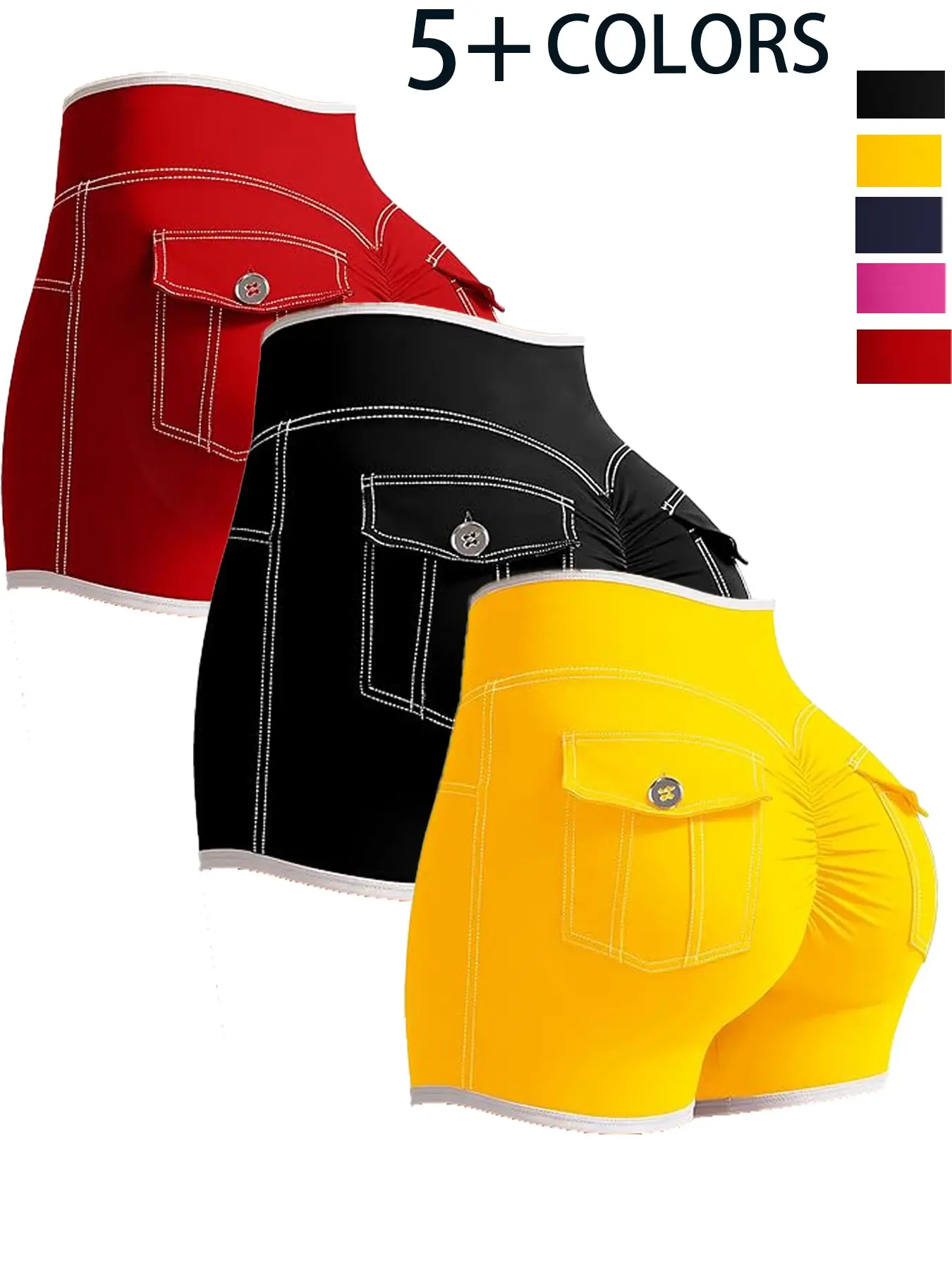 Women's High Waist Solid Sports Shorts with Pockets, Athleisure Shorts, Color Blocking Sporty Design, Breathable Elastic Gym Yoga Workout Pants, All Seasons, Athletic Wear Shorts