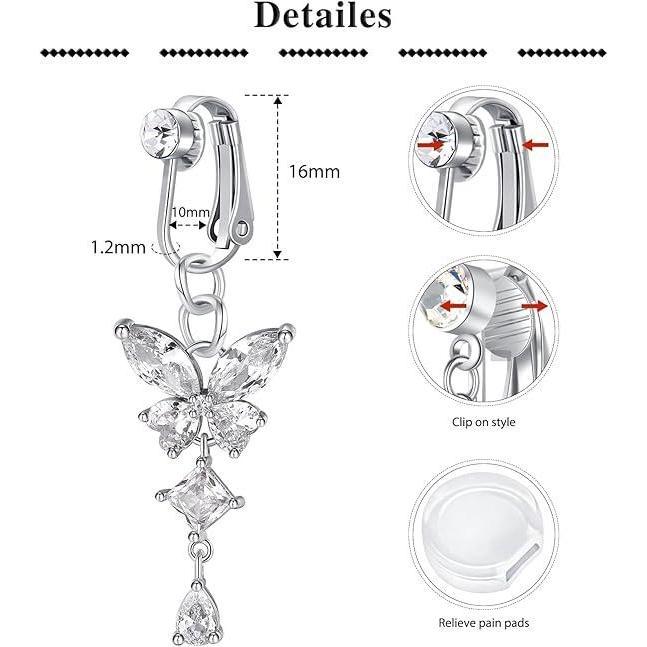 Women's BeadBreath Clip-On Non-Piercing Belly Button Ring, Sparkling Crystal Butterfly & Heart Stylish Body Jewelry, Ideal for Party Wear & Gifting